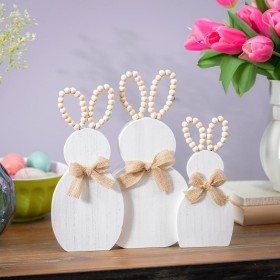  Accenti decorativi per interni | Trio di coniglietti Plow & Hearth con orecchie perline, decorazione da tavolo in legno, 28 cm di lunghezza
