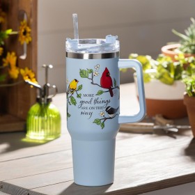  Tazze da viaggio per cucina e intrattenimento | Plow & Hearth Bird Friends Canyon Cup, acciaio inossidabile a doppia parete con cannuccia, 40 once, confezione regalo