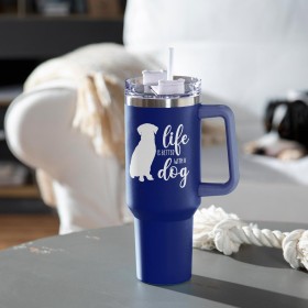  Tazze da viaggio per cucina e intrattenimento | Plow & Hearth Life Is Better With A Dog Canyon Cup, acciaio inossidabile a doppia parete con cannuccia, 40 once, confezione regalo