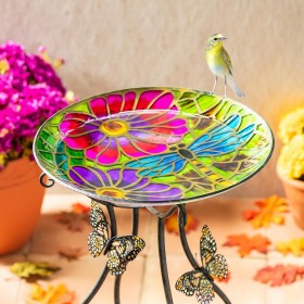  Bagni per uccelli da esterno | Bagno per uccelli in vetro dipinto a mano Plow & Hearth Dragonfly, 18"