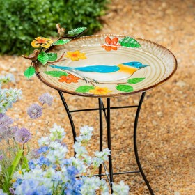  Bagni per uccelli da esterno | Bagno per uccelli in metallo Plow & Hearth da 17", uccello blu con fiori