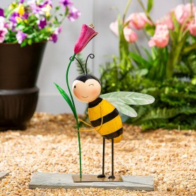  Statue da giardino per esterni | Statua in metallo a forma di ape felice con fiore rosa, altezza 50,8 cm