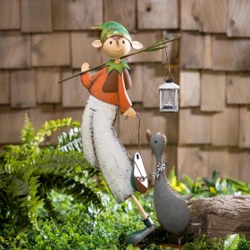  Statue da giardino per esterni | Statua in metallo di un bambino in viaggio con un amico papero di Plow & Hearth, altezza 25"