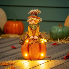  Statue da giardino per esterni | Statua a LED a forma di zucca spaventapasseri Plow & Hearth, altezza 43 cm