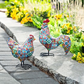  Statue da giardino per esterni | Set di statue di gallo e gallina ispirate alle piastrelle per interni/esterni di Plow & Hearth