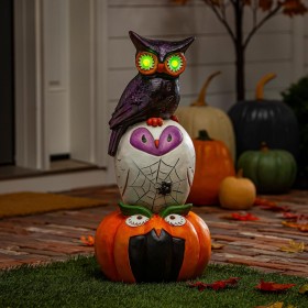  Statue da giardino per esterni | Statua a LED a forma di gufo e zucca di Jack O'lantern impilati, altezza 24"