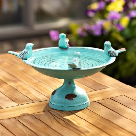 屋外用バードバス | Plow & Hearth Perched Birds メタル製卓上バードバス ターコイズ