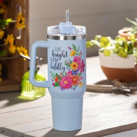  Kjøkken- og underholdningsreisekopper | Plow & Hearth Live Bright Bloom Boldly Canyon-kopp, dobbeltvegget rustfritt stål med sugerør, 113 cl, gaveeske