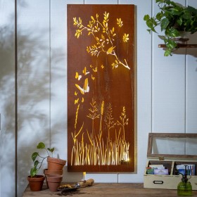  Utendørsliv Utendørs veggkunst | Plow & Hearth fugl og sommerfugl LED laserskåret metallveggdekor, 15" LX 40" H