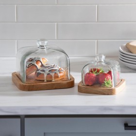  Vajilla para cocina y entretenimiento | Juego de 2 cubiertos de madera con cúpula de cristal Plow & Hearth