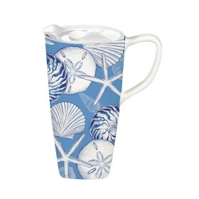  Vasos de viaje para cocina y entretenimiento | Vaso de viaje de cerámica Plow & Hearth, 17 oz, con tapa y caja blancas, conchas