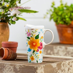  Tazas de viaje para cocina y entretenimiento | Taza de cerámica con estampado floral de Plow & Hearth, 473 ml, caja de regalo