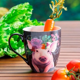 Tazas de café y té para cocina y entretenimiento | Taza de cerámica Plow & Hearth O' Java, 17 oz, diseño de cerdo floral