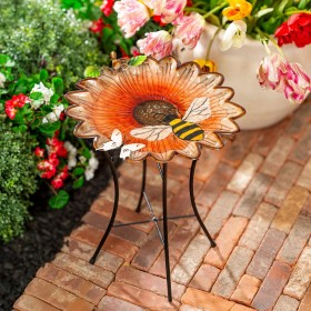  Baños para pájaros para exteriores | Plow & Hearth - Baño para pájaros de metal de 42 cm de profundidad con soporte, diseño de girasol y abeja