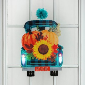  Banderines y pancartas para puertas para exteriores | Decoración de ventanas iluminada con diseño de camión a cuadros otoñal de Plow & Hearth