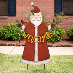  Estacas de jardín para exteriores | Estaca de jardín metálica de Papá Noel de Plow & Hearth con pancarta de bienvenida y cardenal de visita