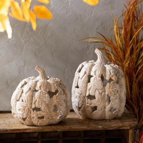  Estatuas de jardín para exteriores | Estatua de calabaza con forma de hongo y hoja de arce de Plow & Hearth, 30 cm de alto, juego