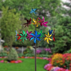  Molinos de viento para exteriores | Molino de viento de metal Plow & Hearth, con flores de colores, 230 cm de alto