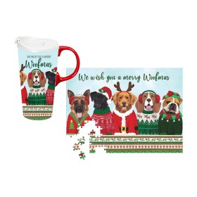  Cestovní hrnky do kuchyně a zábavy | Keramická dárková sada hrnků a puzzle Plow & Hearth, 473 ml, vánoční svetr s psími motivy