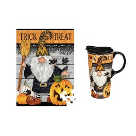  Køkken- og underholdningskrus | Plow & Hearth 17 Oz Keramikkop og Puslespil Gavesæt, Trick or Treat Gnome