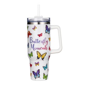  Køkken- og underholdningskrus | Plow & Hearth Butterfly Moments Canyon-krus, dobbeltvægget rustfrit stål med sugerør, 113 cl, gaveæske