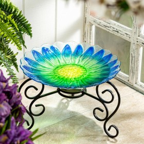  Fuglebade til udendørs brug | Plow & Hearth 40 cm kant glas fuglebad med blå og gule blomster