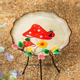  Fuglebade til udendørs brug | Plow & Hearth 40 cm metal fuglebad med skulptureret kant, blomster og svampe