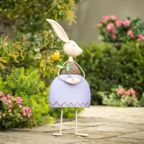  Udendørs havestatuer | Plov og ildsted metalkanin med blomsterhavestatue