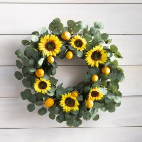  Sisätilojen seppeleet | Plow & Hearth -keinotekoinen auringonkukka-, sitruuna- ja eukalyptusseppele