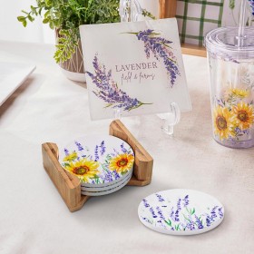  Keittiö ja viihde Kahvi- ja teekupit | Plow & Hearth Lavender Fields -pyöreät lasinaluset säilytysastialla, 4 kpl, lahjarasia