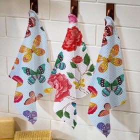  Keittiö- ja viihdekeittiötekstiilit | Plow & Hearth Butterfly Toile -pikakuivuva tiskiliina, 3 kpl:n setti, 25 cm x 25 cm