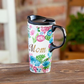  Reisebecher für Küche und Unterhaltung | Plow & Hearth Floral 17 Oz. Keramik-Reisebecher in Geschenkbox