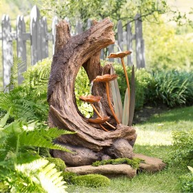  Outdoor Living Outdoor-Brunnen | Plow & Hearth Realistischer Waldstumpfbrunnen für drinnen und draußen mit Seerosenblättern aus Metall