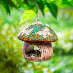  Ταΐστρες για πουλιά εξωτερικού χώρου | Plow & Hearth Ceramic Fantasy Green Mushroom Bird Feather